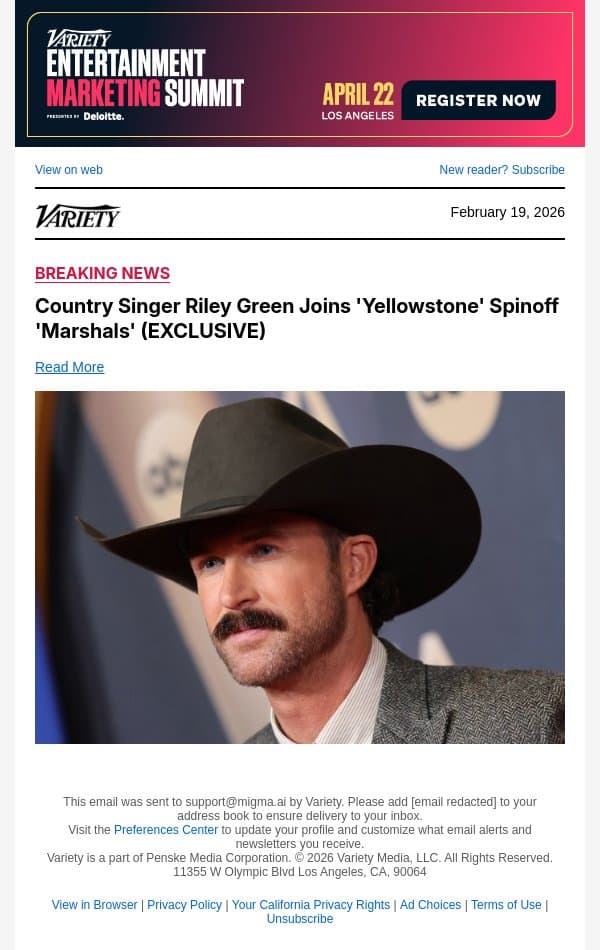 Country Singer Riley Green Joins 'Yellowstone' Spinoff 'Marshals' (EXCLUSIVE) email from Variety screenshot