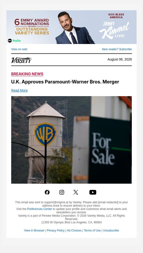 U.K. Approves Paramount-Warner Bros. Merger email from Variety screenshot