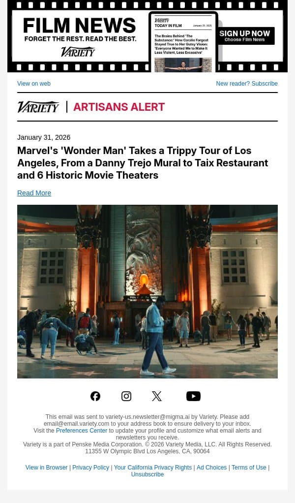 Marvel's 'Wonder Man' Takes a Trippy Tour of Los Angeles, From a Danny Trejo Mural to Taix Restaurant and 6 Historic Movie Theaters email from Variety screenshot