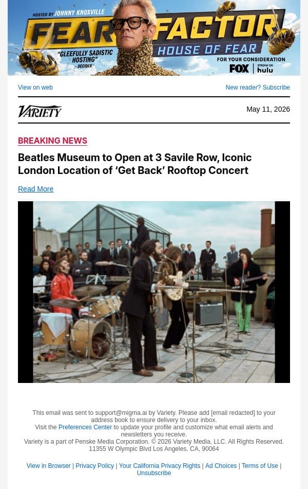 Beatles Museum to Open at 3 Savile Row, Iconic London Location of ‘Get Back’ Rooftop Concert email from Variety screenshot