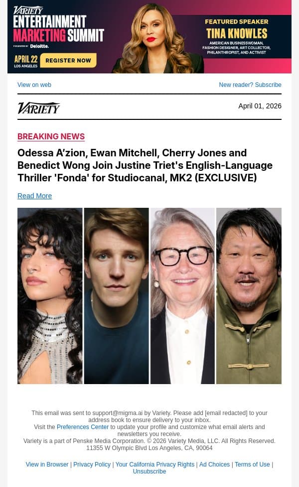 Odessa A’zion, Ewan Mitchell, Cherry Jones and Benedict Wong Join Justine Triet's English-Language Thriller 'Fonda' for Studiocanal, MK2 (EXCLUSIVE) email from Variety screenshot