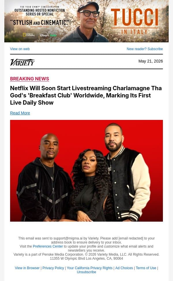 Netflix Will Soon Start Livestreaming Charlamagne Tha God's 'Breakfast Club' Worldwide, Marking Its First Live Daily Show email from Variety screenshot