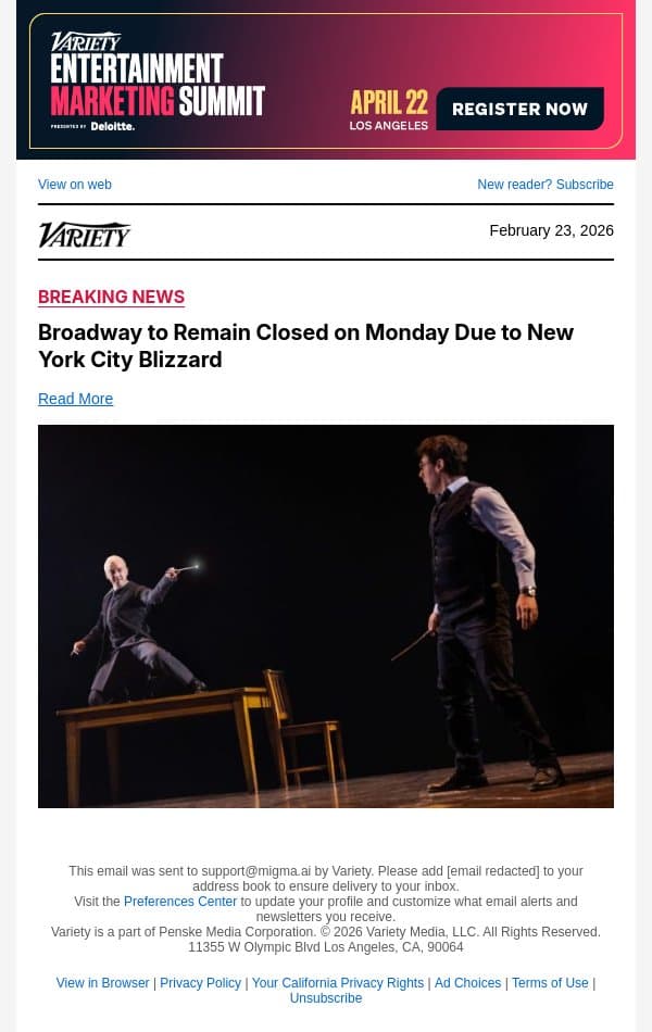 Broadway to Remain Closed on Monday Due to New York City Blizzard email from Variety screenshot