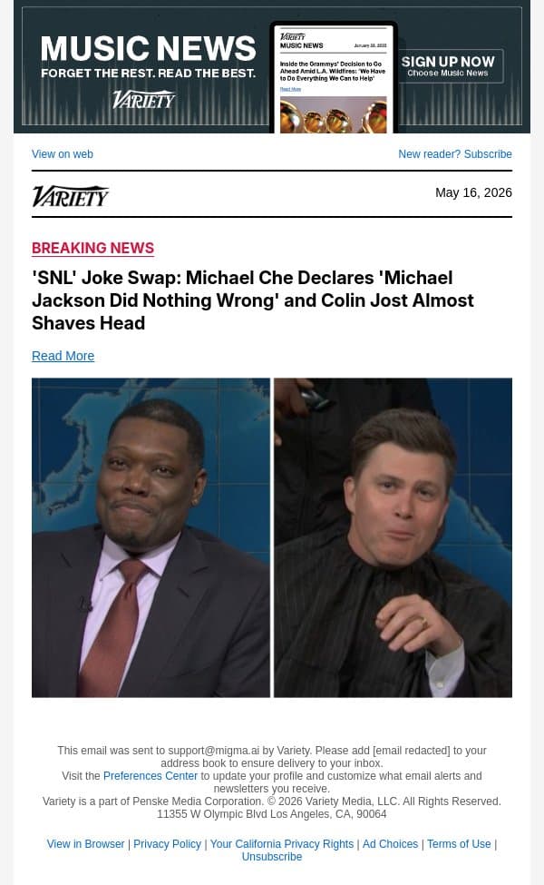 'SNL' Joke Swap: Michael Che Declares 'Michael Jackson Did Nothing Wrong' and Colin Jost Almost Shaves Head email from Variety screenshot