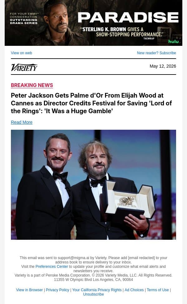 Peter Jackson Gets Palme d'Or From Elijah Wood at Cannes as Director Credits Festival for Saving 'Lord of the Rings': 'It Was a Huge Gamble' email from Variety screenshot
