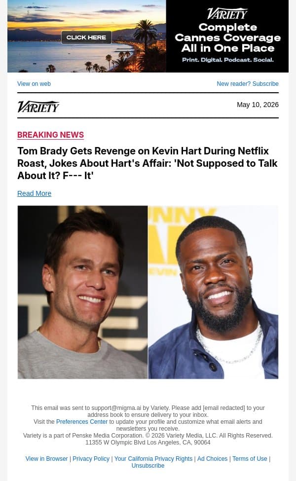 Tom Brady Gets Revenge on Kevin Hart During Netflix Roast, Jokes About Hart's Affair: 'Not Supposed to Talk About It? F--- It' email from Variety screenshot