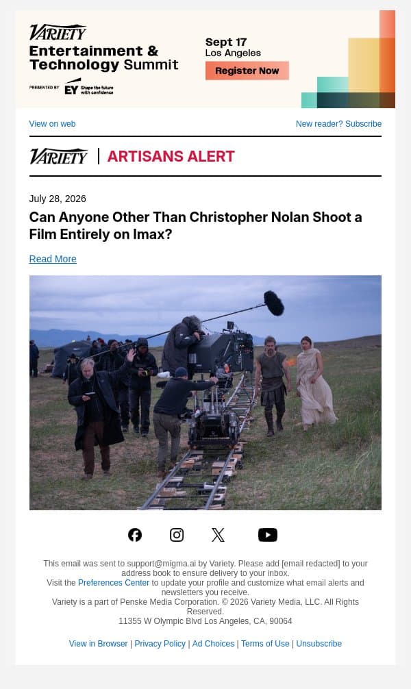 Can Anyone Other Than Christopher Nolan Shoot a Film Entirely on Imax? email from Variety screenshot