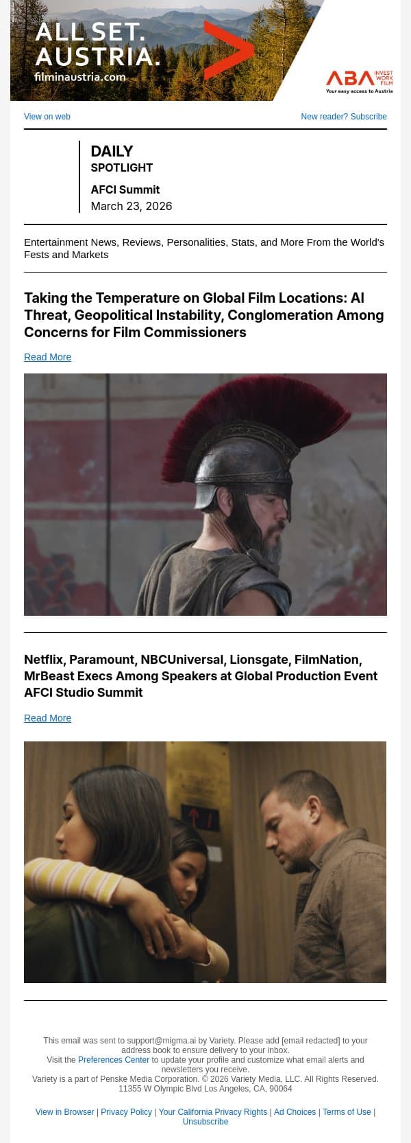 Film Commissioners Express Concerns as AFCI Summit Starts email from Variety screenshot