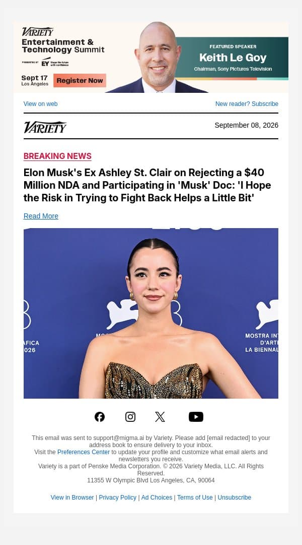 Elon Musk's Ex Ashley St. Clair on Rejecting a $40 Million NDA and Participating in 'Musk' Doc: 'I Hope the Risk in Trying to Fight Back Helps a Little Bit' email from Variety screenshot