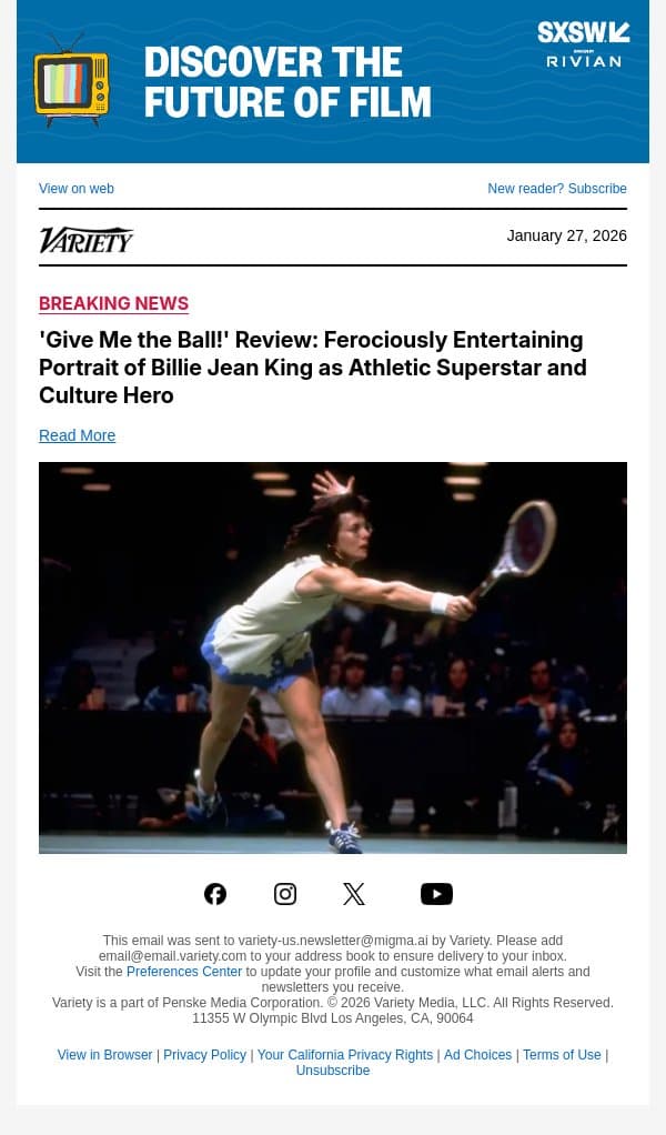 'Give Me the Ball!' Review: Ferociously Entertaining Portrait of Billie Jean King as Athletic Superstar and Culture Hero email from Variety screenshot
