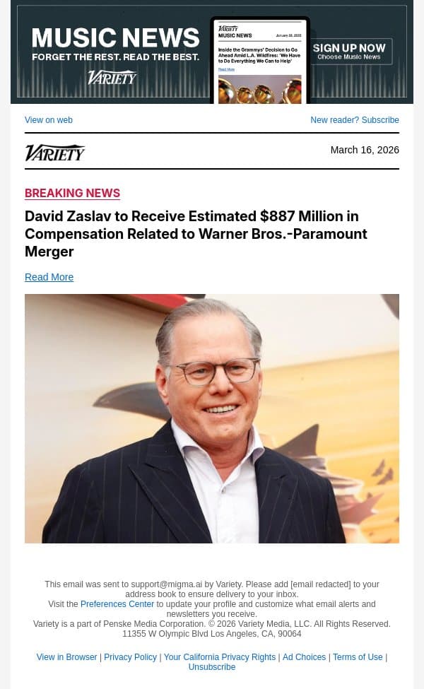 David Zaslav to Receive Estimated $887 Million in Compensation Related to Warner Bros.-Paramount Merger email from Variety screenshot