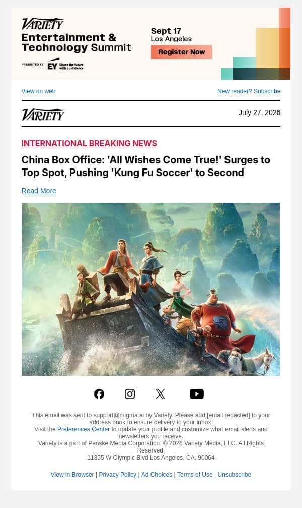 China Box Office: 'All Wishes Come True!' Surges to Top Spot, Pushing 'Kung Fu Soccer' to Second email from Variety screenshot
