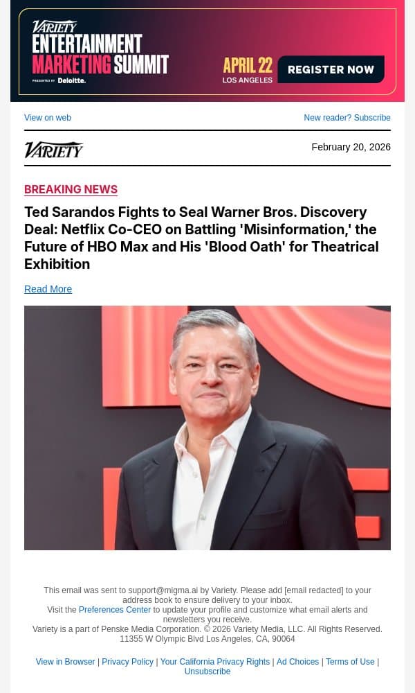 Ted Sarandos Fights to Seal Warner Bros. Discovery Deal: Netflix Co-CEO on Battling 'Misinformation,' the Future of HBO Max and His 'Blood Oath' for Theatrical Exhibition email from Variety screenshot