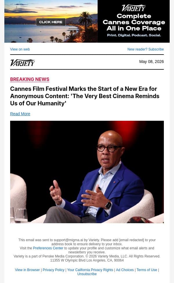 Cannes Film Festival Marks the Start of a New Era for Anonymous Content: 'The Very Best Cinema Reminds Us of Our Humanity' email from Variety screenshot