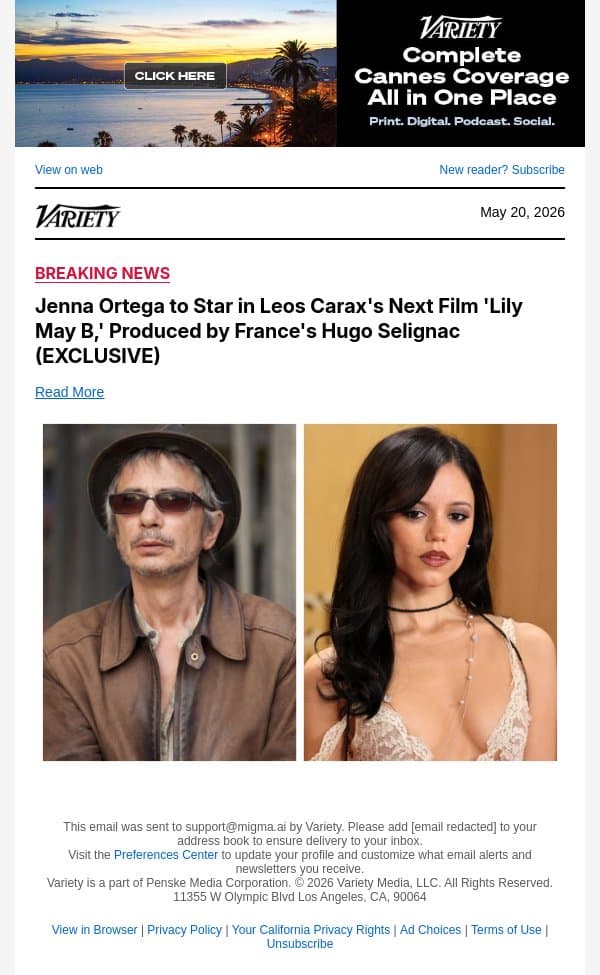Jenna Ortega to Star in Leos Carax's Next Film 'Lily May B,' Produced by France's Hugo Selignac (EXCLUSIVE) email from Variety screenshot
