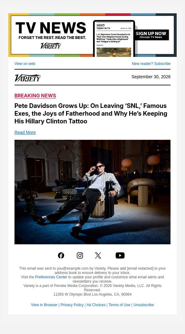 COVER STORY | Pete Davidson Grows Up: On Leaving ‘SNL,’ Famous Exes, the Joys of Fatherhood and Why He’s Keeping His Hillary Clinton Tattoo email from Variety screenshot