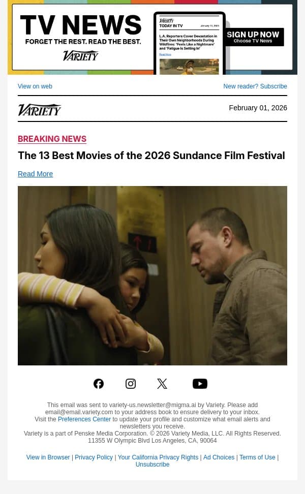 The 13 Best Movies of the 2026 Sundance Film Festival email from Variety screenshot