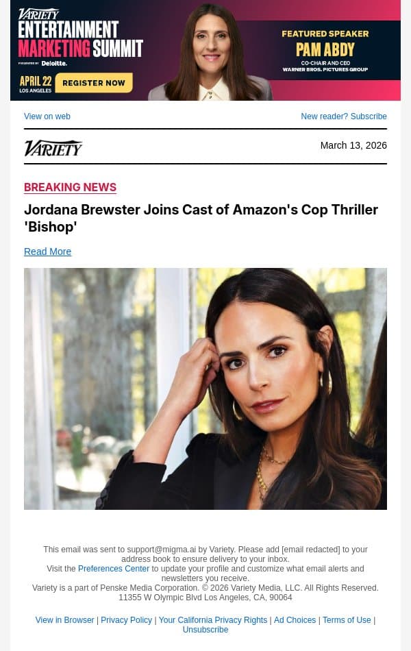 Jordana Brewster Joins Cast of Amazon's Cop Thriller 'Bishop' email from Variety screenshot