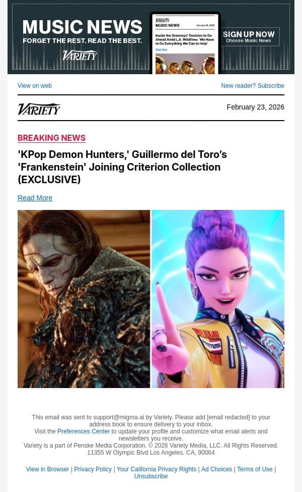 'KPop Demon Hunters,' Guillermo del Toro’s 'Frankenstein' Joining Criterion Collection (EXCLUSIVE) email from Variety screenshot