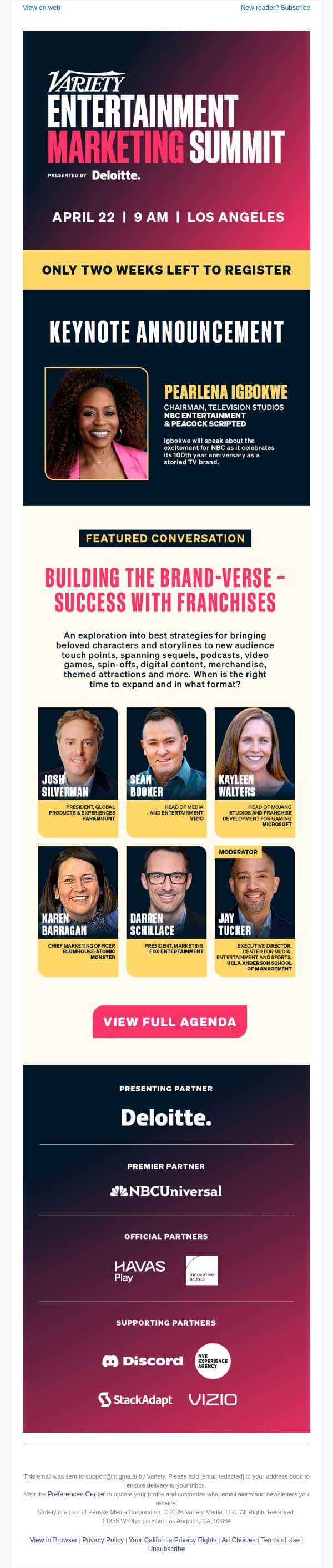 Join NBCU Television Chairman Pearlena Igbokwe at Variety’s Entertainment Marketing Summit - April 22 email from Variety screenshot