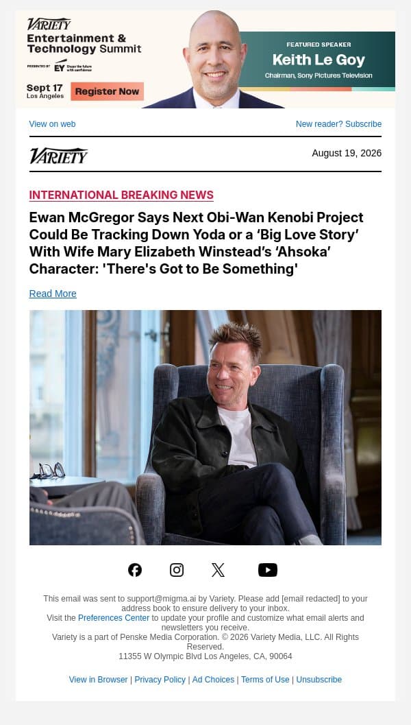 Ewan McGregor Says Next Obi-Wan Kenobi Project Could Be Tracking Down Yoda or a ‘Big Love Story’ With Wife Mary Elizabeth Winstead’s ‘Ahsoka’ Character: 'There's Got to Be Something' email from Variety screenshot