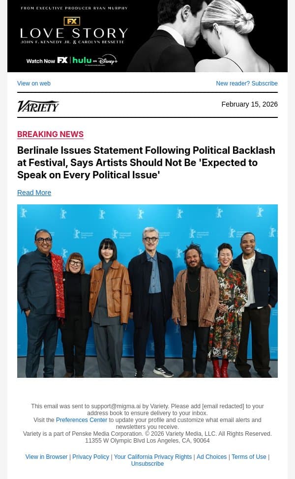 Berlinale Issues Statement Following Political Backlash at Festival, Says Artists Should Not Be 'Expected to Speak on Every Political Issue' email from Variety screenshot
