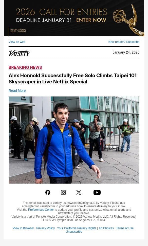 Alex Honnold Successfully Free Solo Climbs Taipei 101 Skyscraper in Live Netflix Special email from Variety screenshot