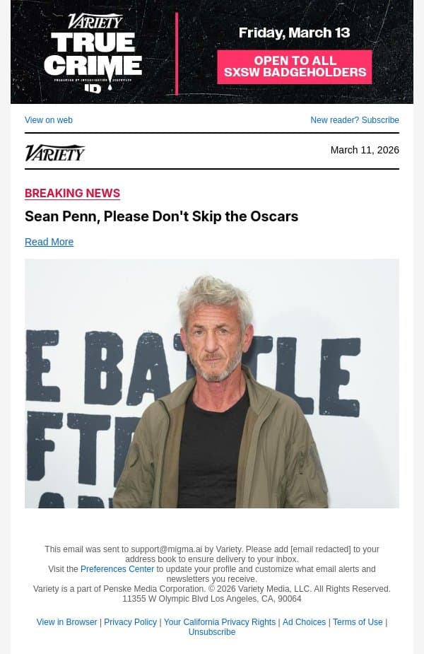 Sean Penn, Please Don't Skip the Oscars email from Variety screenshot