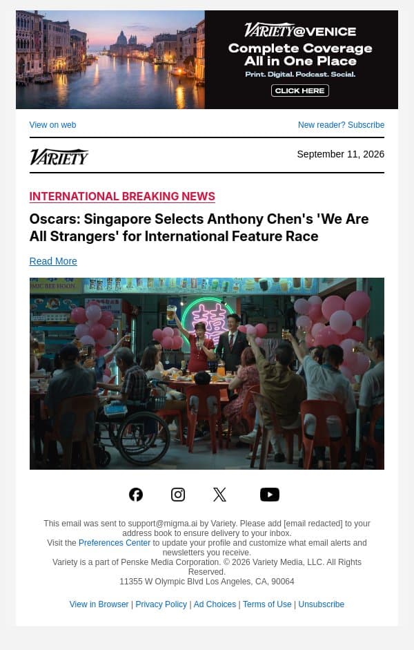 Oscars: Singapore Selects Anthony Chen's 'We Are All Strangers' for International Feature Race email from Variety screenshot
