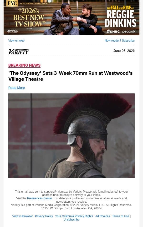'The Odyssey' Sets 3-Week 70mm Run at Westwood's Village Theatre email from Variety screenshot