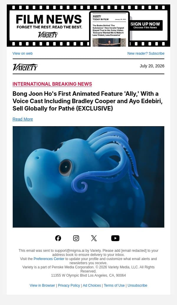 Bong Joon Ho's First Animated Feature 'Ally,' With a Voice Cast Including Bradley Cooper and Ayo Edebiri, Sell Globally for Pathé (EXCLUSIVE) email from Variety screenshot