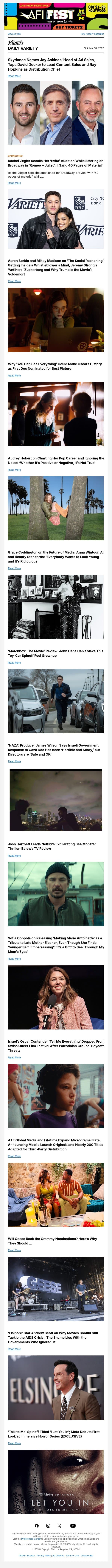 Skydance Names Key Execs; Aaron Sorkin on 'The Social Reckoning'; How Elizabeth Holmes Doc Could Make Oscars History email from Variety screenshot