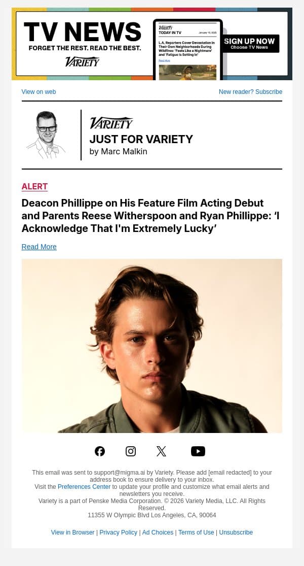 Deacon Phillippe on His Feature Film Acting Debut and Parents Reese Witherspoon and Ryan Phillippe: ‘I Acknowledge That I'm Extremely Lucky’ email from Variety screenshot