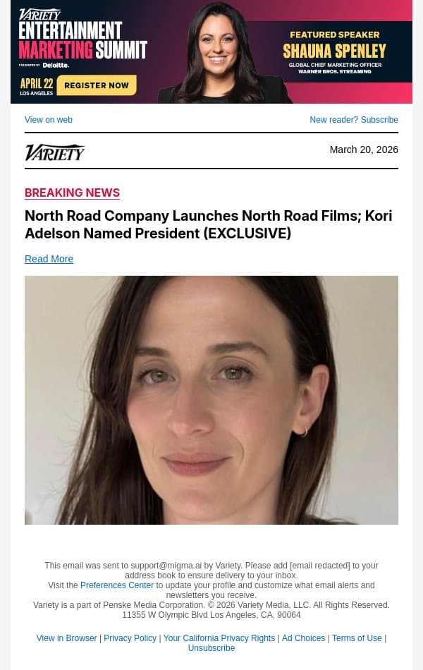 North Road Company Launches North Road Films; Kori Adelson Named President (EXCLUSIVE) email from Variety screenshot