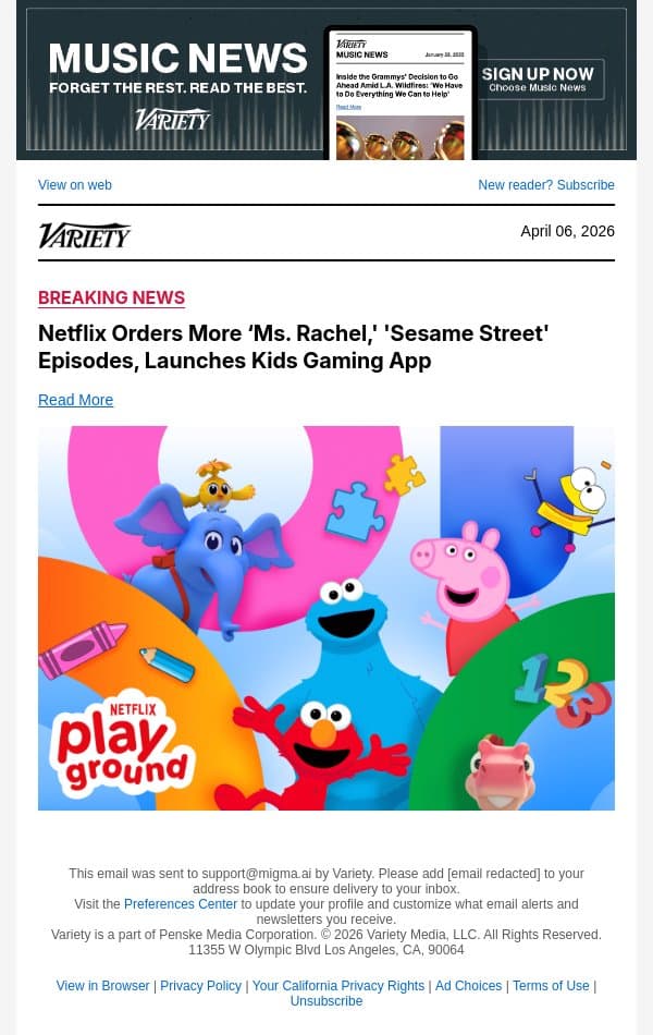 Netflix Orders More ‘Ms. Rachel,' 'Sesame Street' Episodes, Launches Kids Gaming App email from Variety screenshot