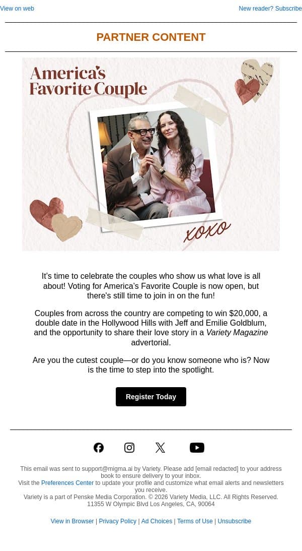 Know a couple who deserve a little love? email from Variety screenshot