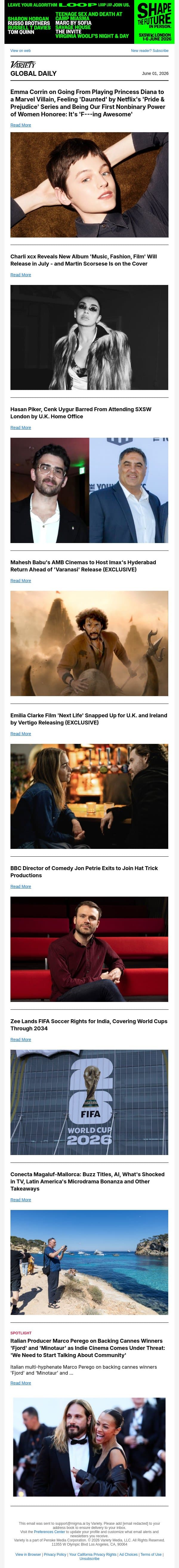 Emma Corrin on Diana and 'Pride & Prejudice'; Charli xcx's New Album; Hasan Piker Barred From SXSW London email from Variety screenshot