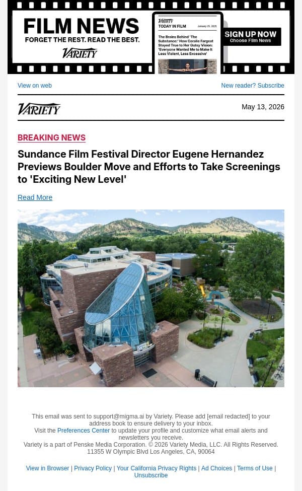 Sundance Film Festival Director Eugene Hernandez Previews Boulder Move and Efforts to Take Screenings to 'Exciting New Level' email from Variety screenshot