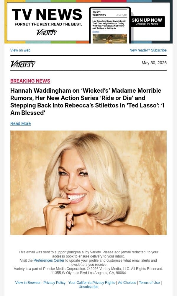 Hannah Waddingham on ‘Wicked’s’ Madame Morrible Rumors, Her New Action Series ‘Ride or Die’ and Stepping Back Into Rebecca’s Stilettos in ‘Ted Lasso’: ‘I Am Blessed’ email from Variety screenshot