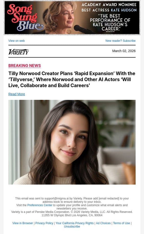 Tilly Norwood Creator Plans ‘Rapid Expansion’ With the ‘Tillyverse,’ Where Norwood and Other AI Actors ‘Will Live, Collaborate and Build Careers' email from Variety screenshot