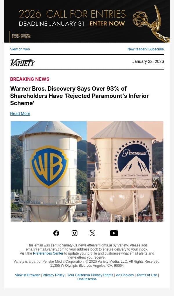 Warner Bros. Discovery Says Over 93% of Shareholders Have 'Rejected Paramount's Inferior Scheme' email from Variety screenshot
