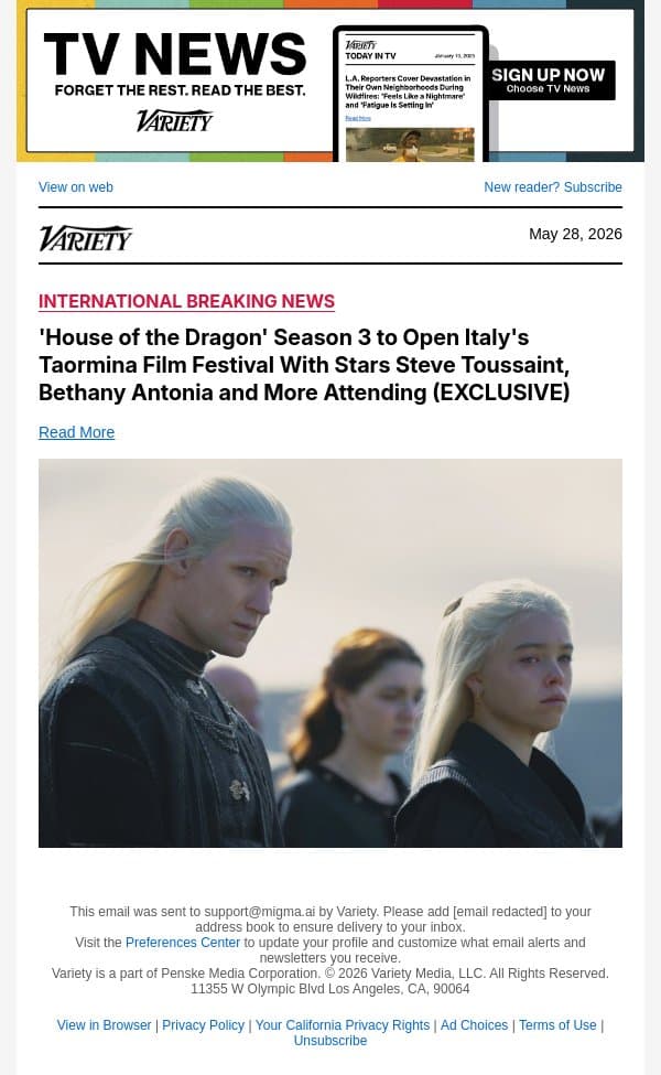'House of the Dragon' Season 3 to Open Italy's Taormina Film Festival With Stars Steve Toussaint, Bethany Antonia and More Attending (EXCLUSIVE) email from Variety screenshot