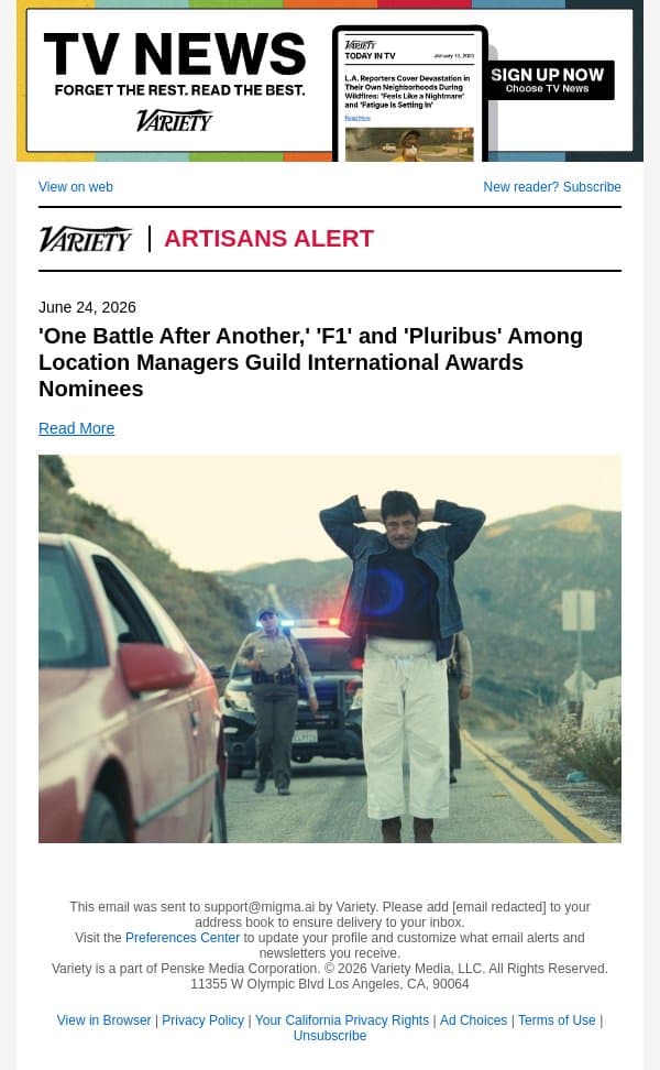 'One Battle After Another,' 'F1' and 'Pluribus' Among Location Managers Guild International Awards Nominees email from Variety screenshot