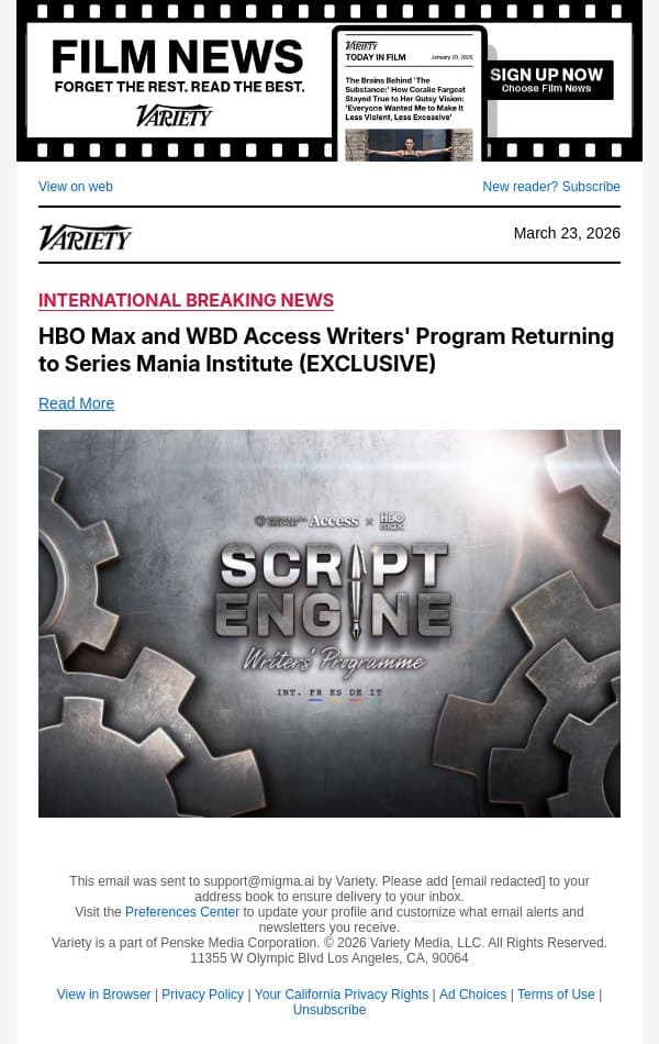 HBO Max and WBD Access Writers' Program Returning to Series Mania Institute (EXCLUSIVE) email from Variety screenshot