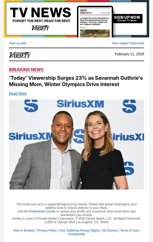 'Today' Viewership Surges 23% as Savannah Guthrie's Missing Mom, Winter Olympics Drive Interest email from Variety screenshot