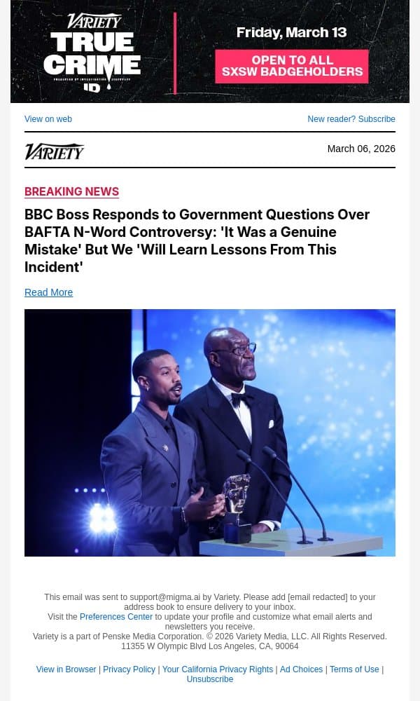 BBC Boss Responds to Government Questions Over BAFTA N-Word Controversy: 'It Was a Genuine Mistake' But We 'Will Learn Lessons From This Incident' email from Variety screenshot
