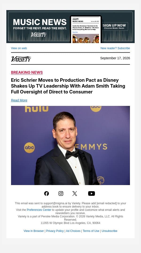Eric Schrier Moves to Production Pact as Disney Shakes Up TV Leadership With Adam Smith Taking Full Oversight of Direct to Consumer email from Variety screenshot