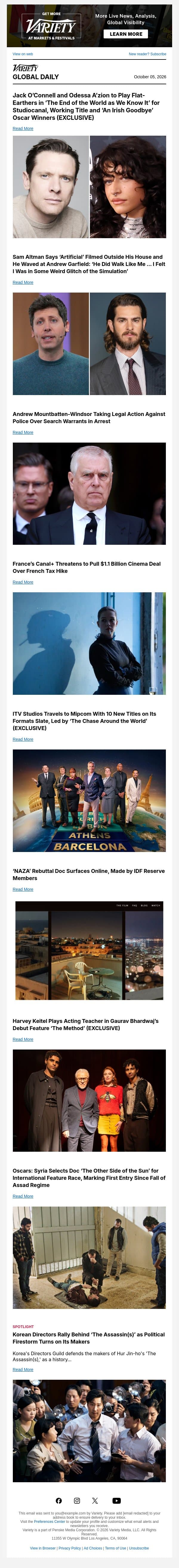 Jack O'Connell and Odessa A'zion Team; Sam Altman on 'Artificial'; Former Prince Andrew Fights Back email from Variety screenshot