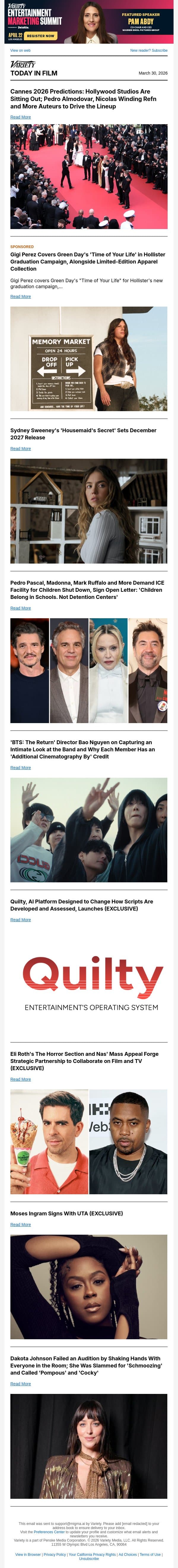 Cannes Predictions; 'Housemaid 2' Release Date; Stars Demand ICE Facility Shut Down email from Variety screenshot