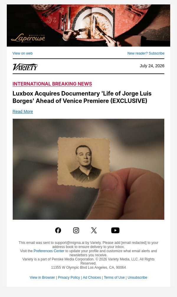 Luxbox Acquires Documentary 'Life of Jorge Luis Borges' Ahead of Venice Premiere (EXCLUSIVE) email from Variety screenshot